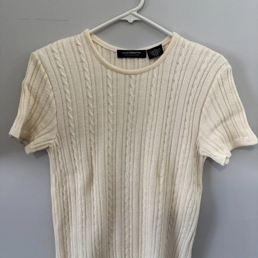 Liz Claiborne Sweater Womens Medium Cream‎ Rib Cable-Knit Short Sleeve Classic